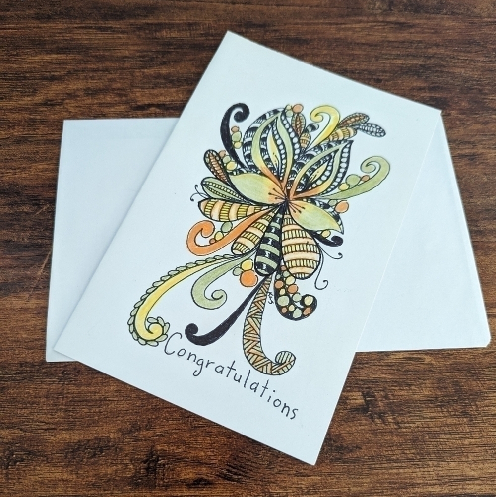 🌻 5/$20 Handmade Floral Zentangle Card- Yellow, Orange & Black- Congratulations